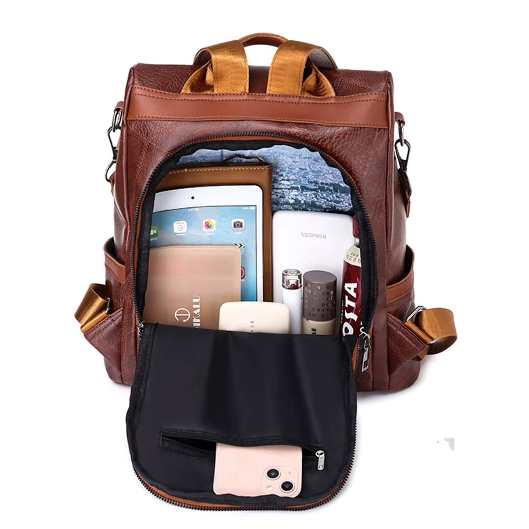 Bolsa Mochila Feminina em Couro ChicShield – Marrom (2 em 1 Bolsa)