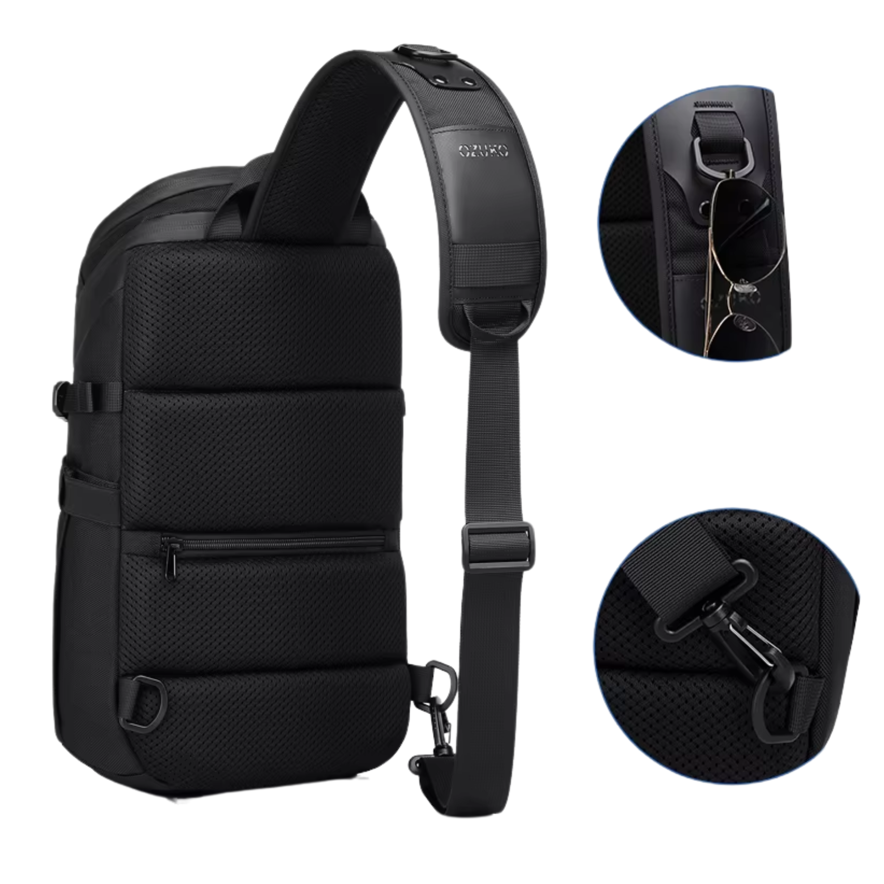 Bolsa Zyro preta masculina exibindo interior com bolso para celular e zíper