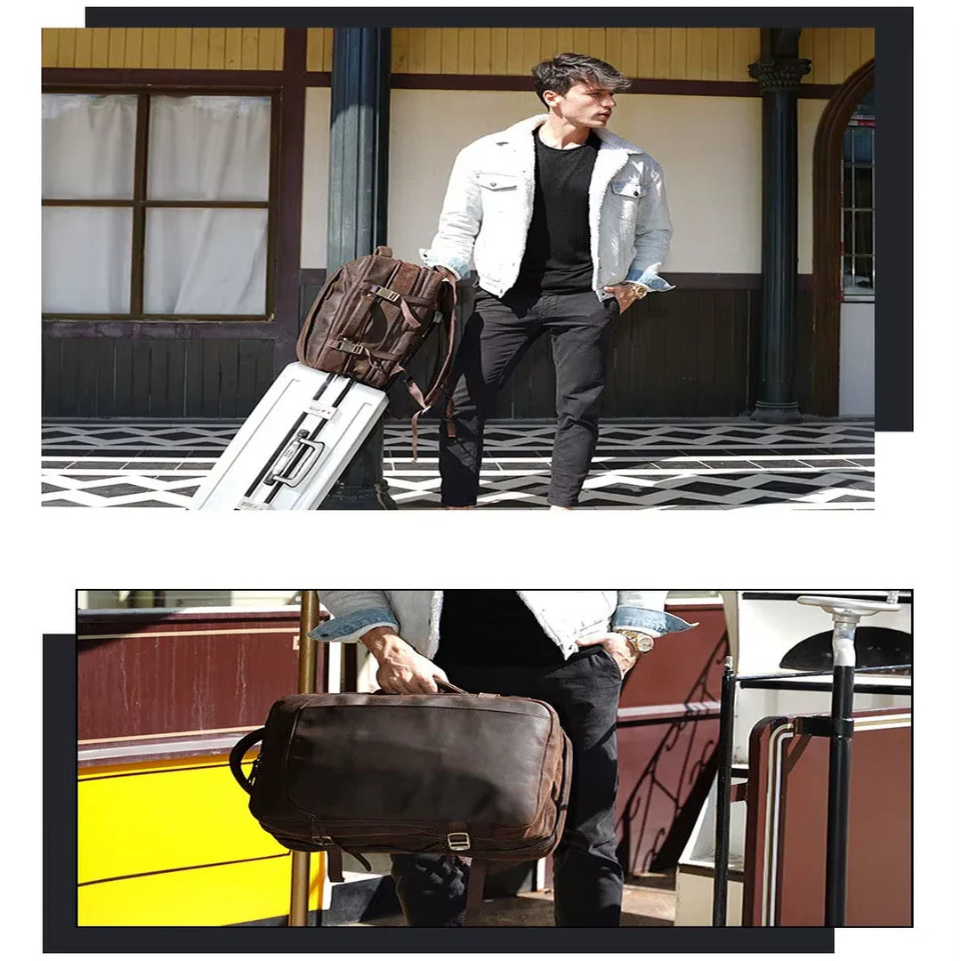 Pessoa usando mochila masculina de couro Crazy Horse castanho escuro BAGAGEM VIP em viagem