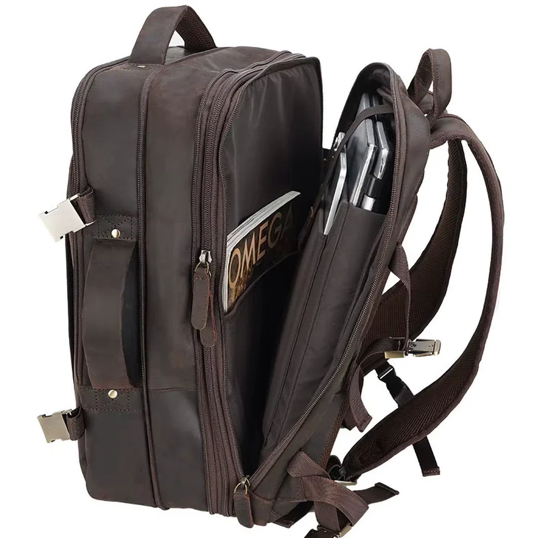 Compartimento para notebook da mochila masculina de couro Crazy Horse castanho escuro BAGAGEM VIP