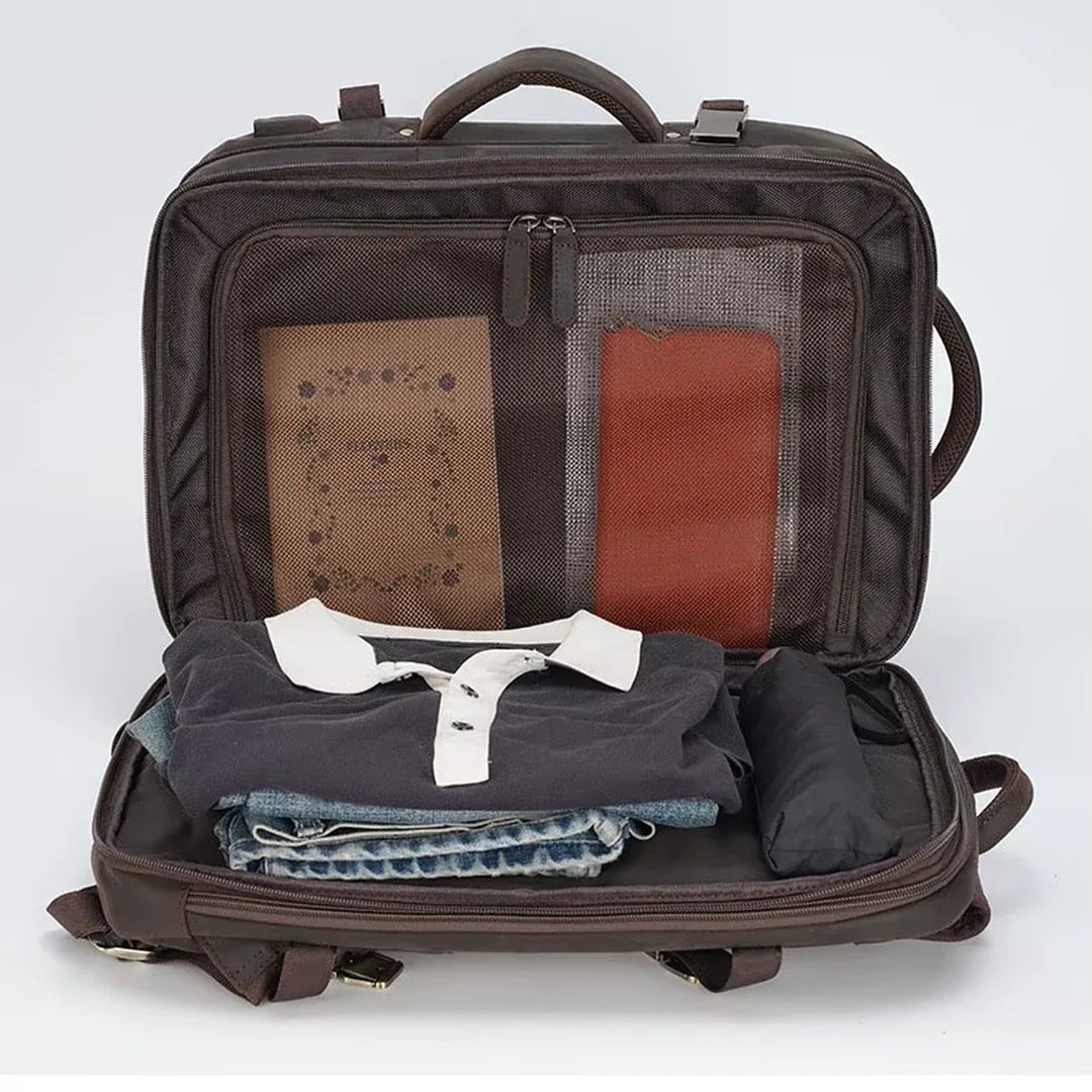 Organização interna da mochila masculina de couro Crazy Horse castanho escuro BAGAGEM VIP