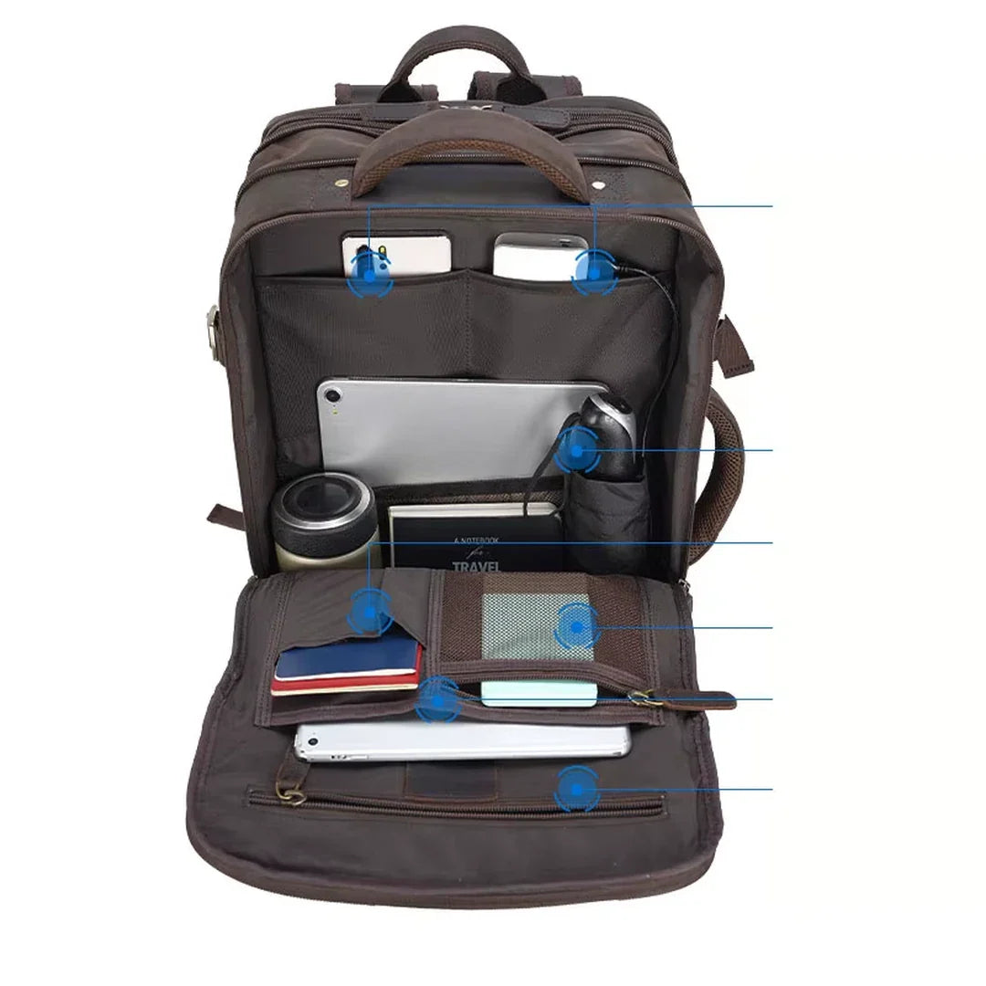 Painel organizador da mochila masculina de couro Crazy Horse castanho escuro BAGAGEM VIP