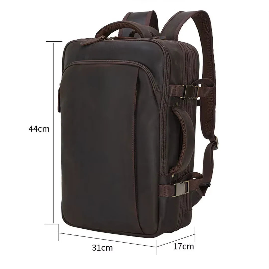 Imagem com medidas em centímetros da mochila masculina de couro Crazy Horse castanho escuro BAGAGEM VIP