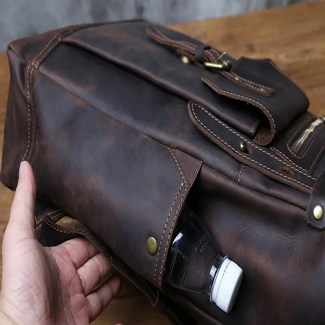 Bolso lateral da mochila masculina de couro Crazy Horse vintage castanho escuro BAGAGEM VIP