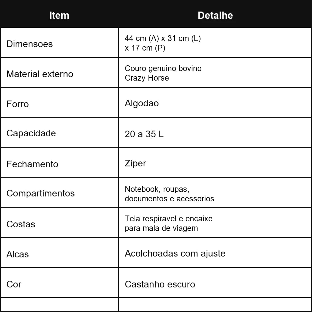 Tabela técnica da mochila masculina de couro Crazy Horse castanho escuro BAGAGEM VIP com medidas 44 x 31 x 17 cm