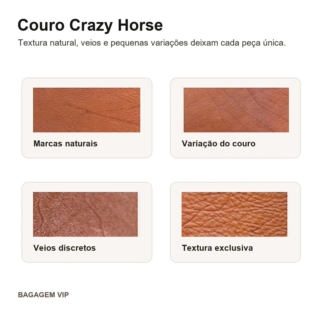 Imagem explicativa sobre textura natural do couro Crazy Horse da BAGAGEM VIP