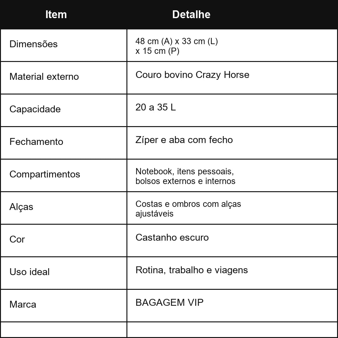 Tabela tecnica da mochila masculina de couro Crazy Horse vintage castanho escuro BAGAGEM VIP