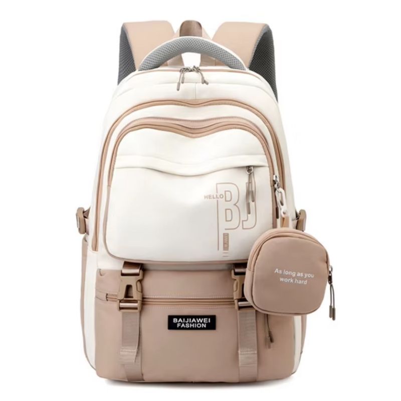 Mochila Escolar Feminina Bege Premium BaijiStar + Mini Bolsa Inclusa