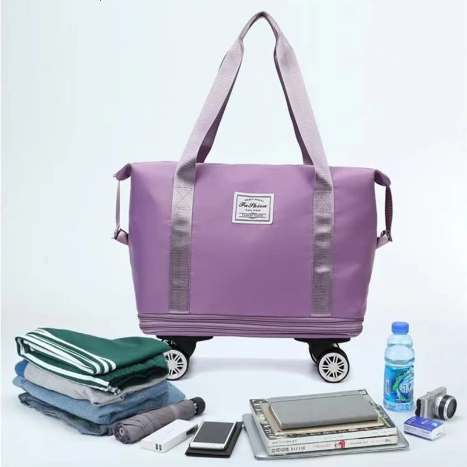 Bolsa de viagem feminina expansível cor roxo claro vista traseira com alças reforçadas