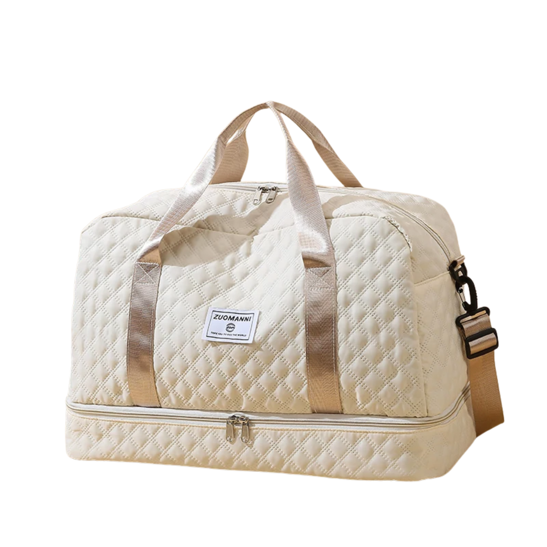 Bolsa de viagem feminina FitCap bege vista de frente com design acolchoado.
