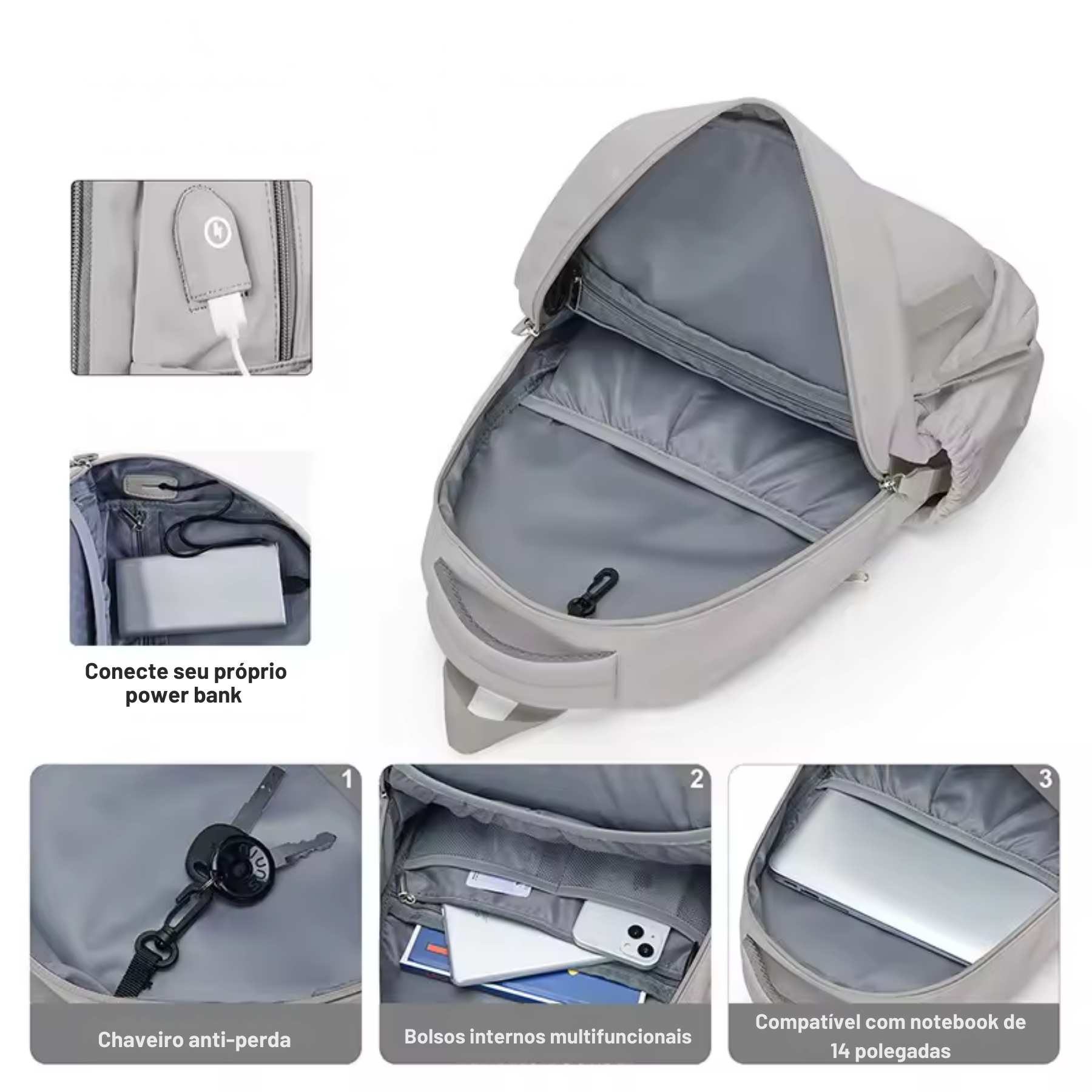 Bolso lateral da mochila EduWork cinza para garrafa ou guarda-chuva
