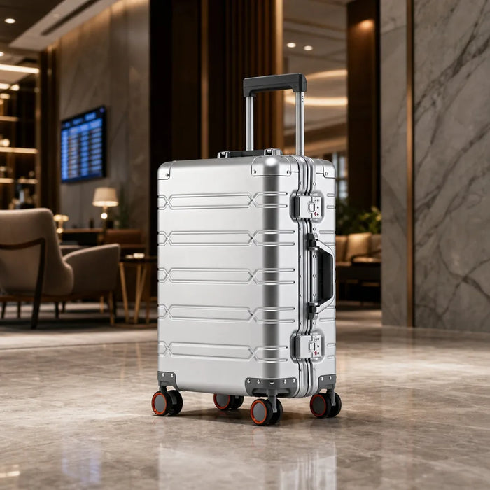 Mala premium prateada em lounge executivo