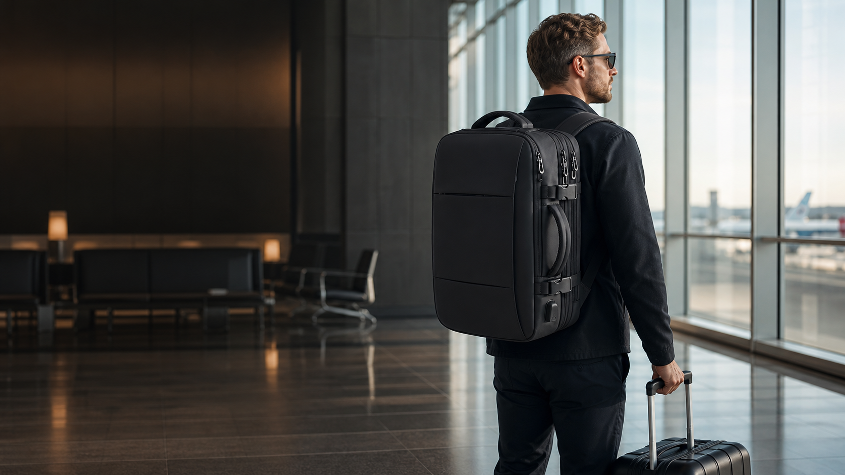 Viajante usando mochila de viagem premium em aeroporto executivo