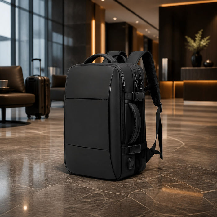 Mochila de viagem TechVoyager em lounge executivo