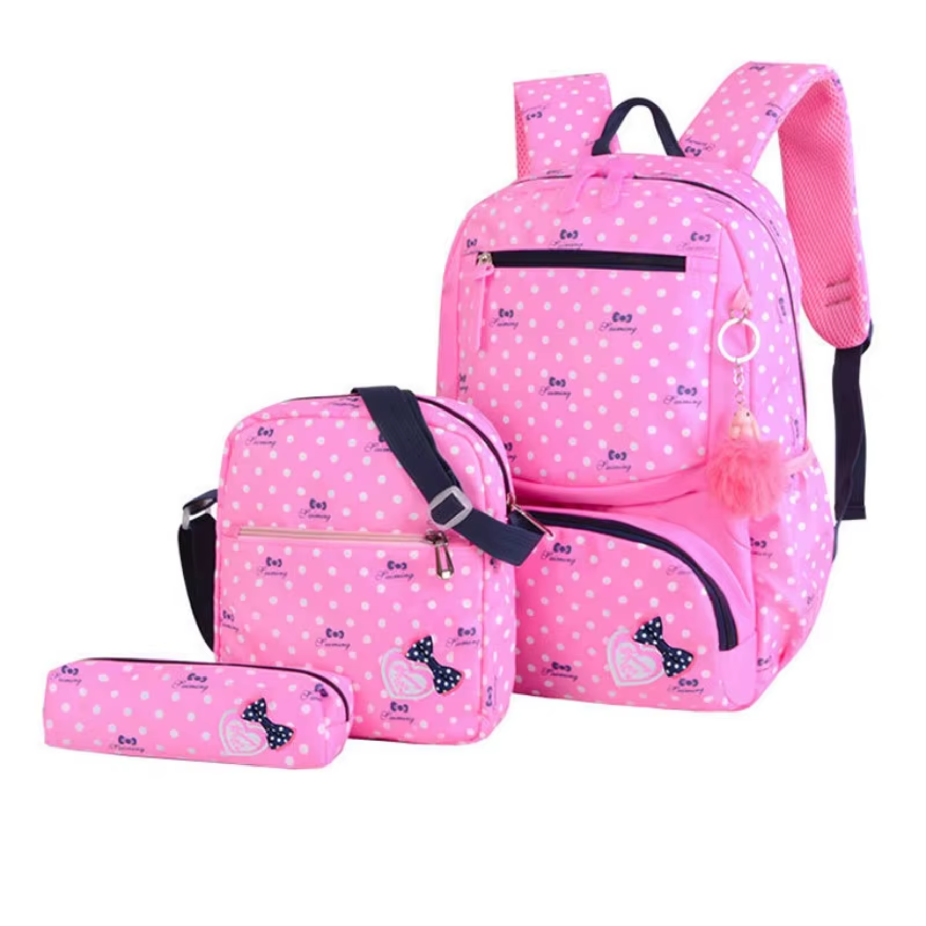 Mochila Escolar Feminina Rosa CharmingKid com lancheira e bolsinha, kit 3 peças, 5 a 8 anos, estampa poá
