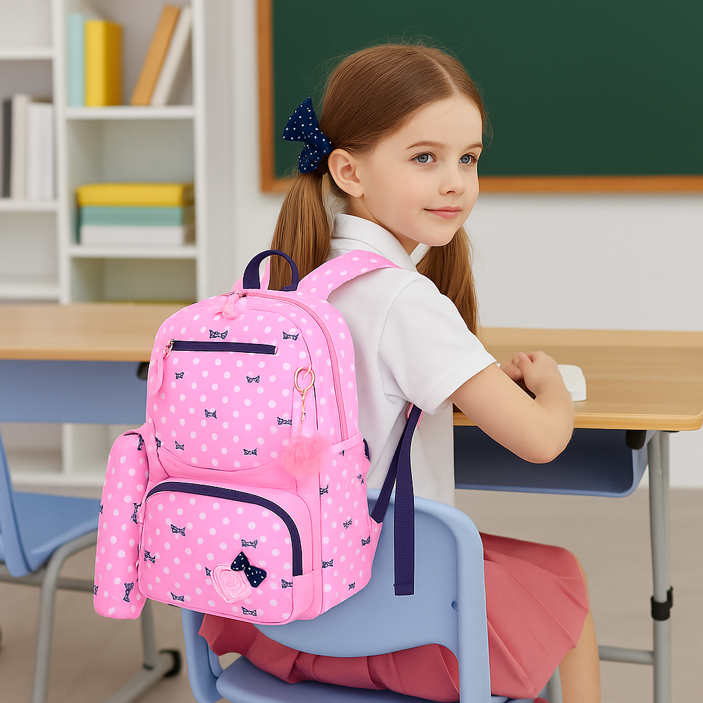 Kit CharmingKid Rosa frontal — mochila, lancheira e estojo coordenados para meninas 5 a 8 anos
