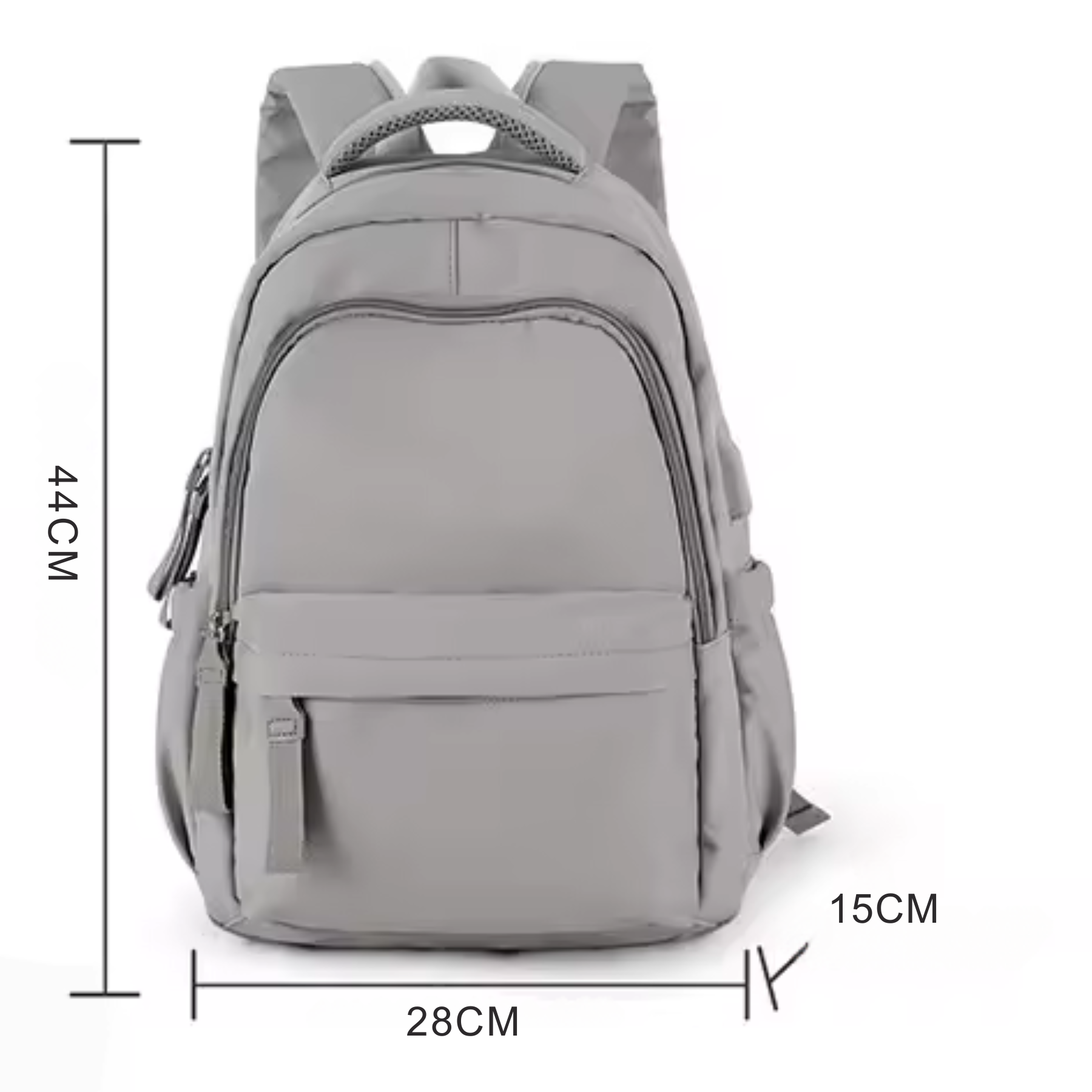 Interior da mochila cinza feminina com bolsos e compartimentos multifuncionais