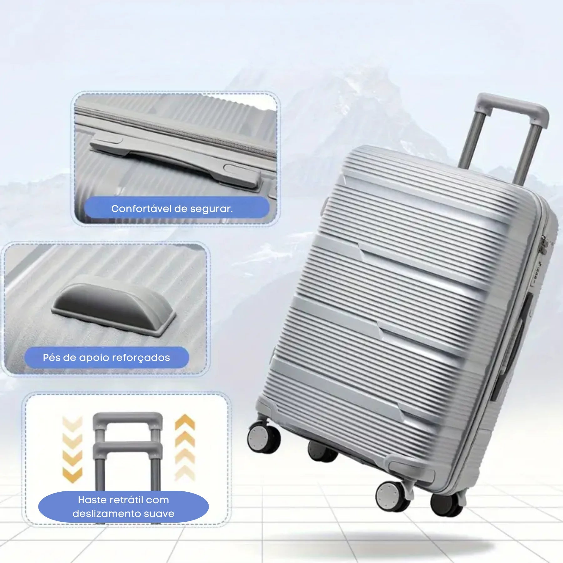 Haste telesc�pica em alum�nio com deslizamento suave e al�a lateral confort�vel.