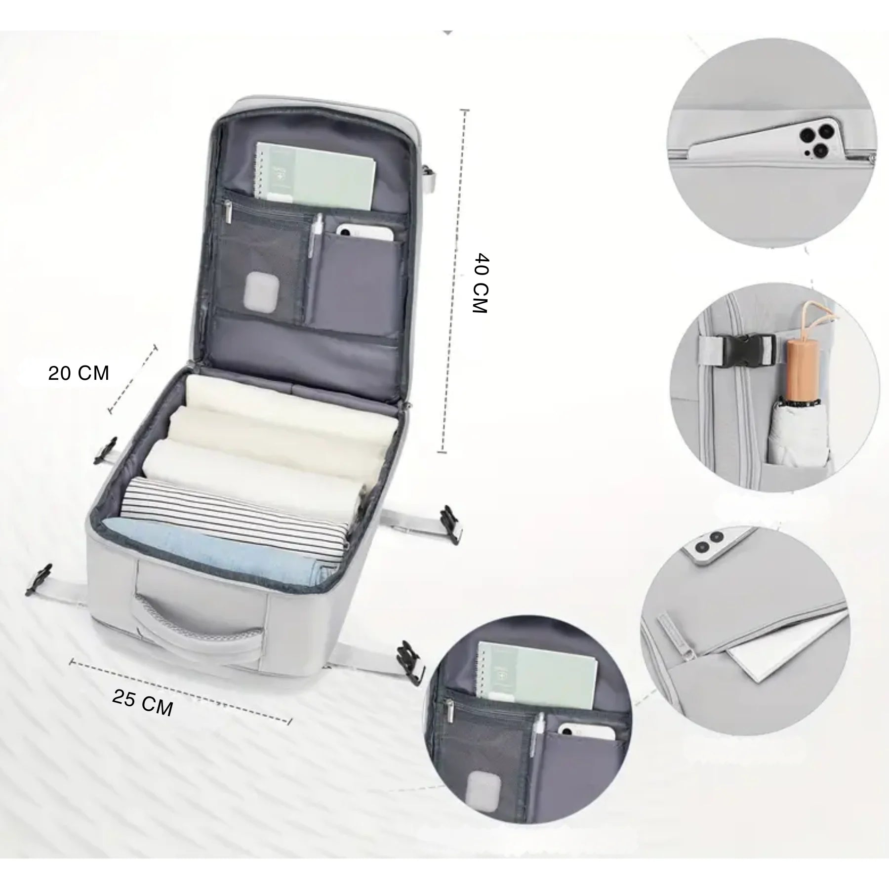 Necessaire r�gida cinza com abertura 180� e bolso adicional para maquiagem e skincare.