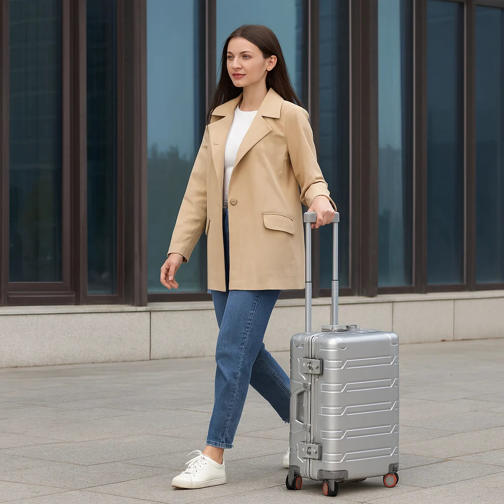 Mulher viajando com mala AeroTrek prata em alum�nio e magn�sio, resistente e elegante.