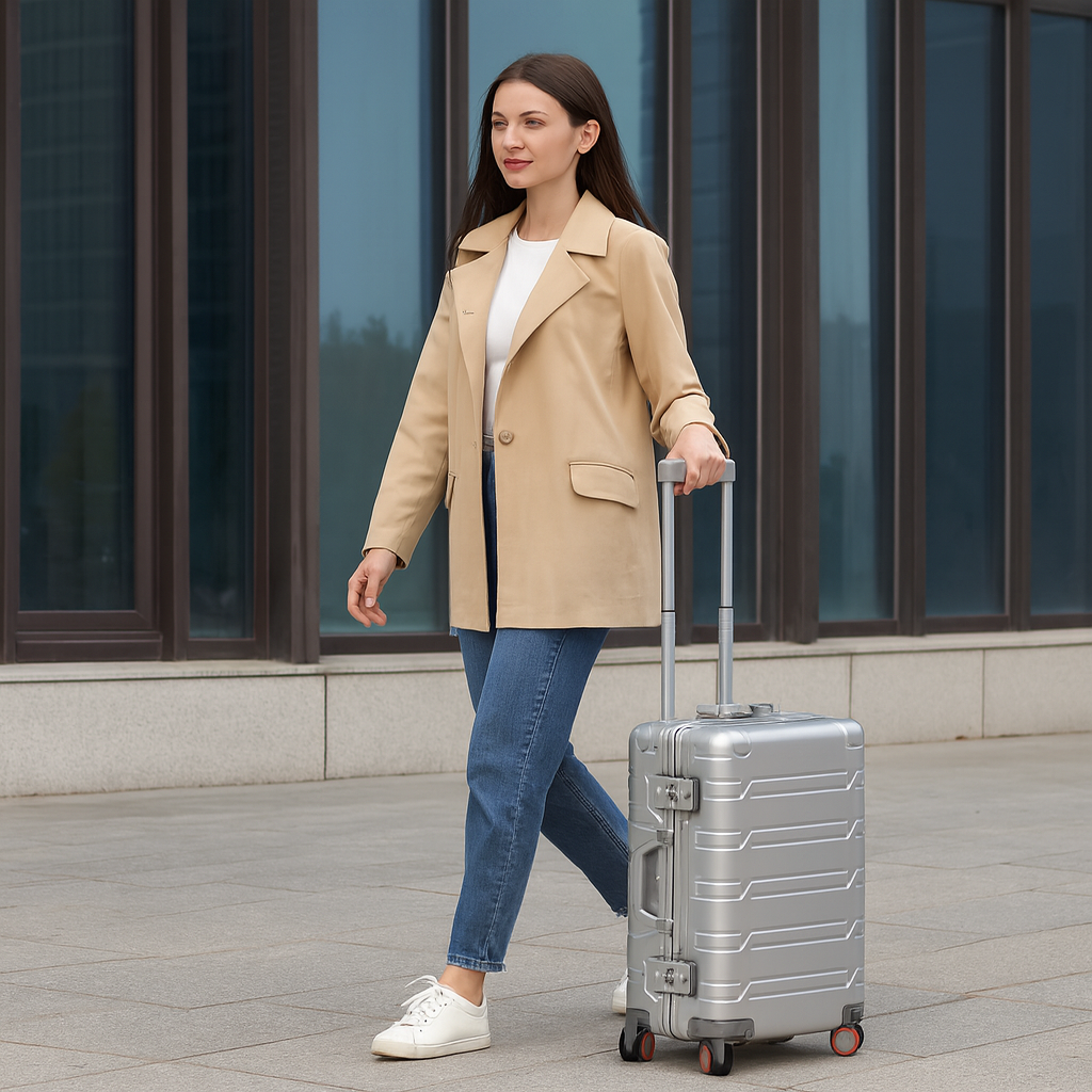 Mulher viajando com mala AeroTrek prata em alumínio e magnésio, resistente e elegante.