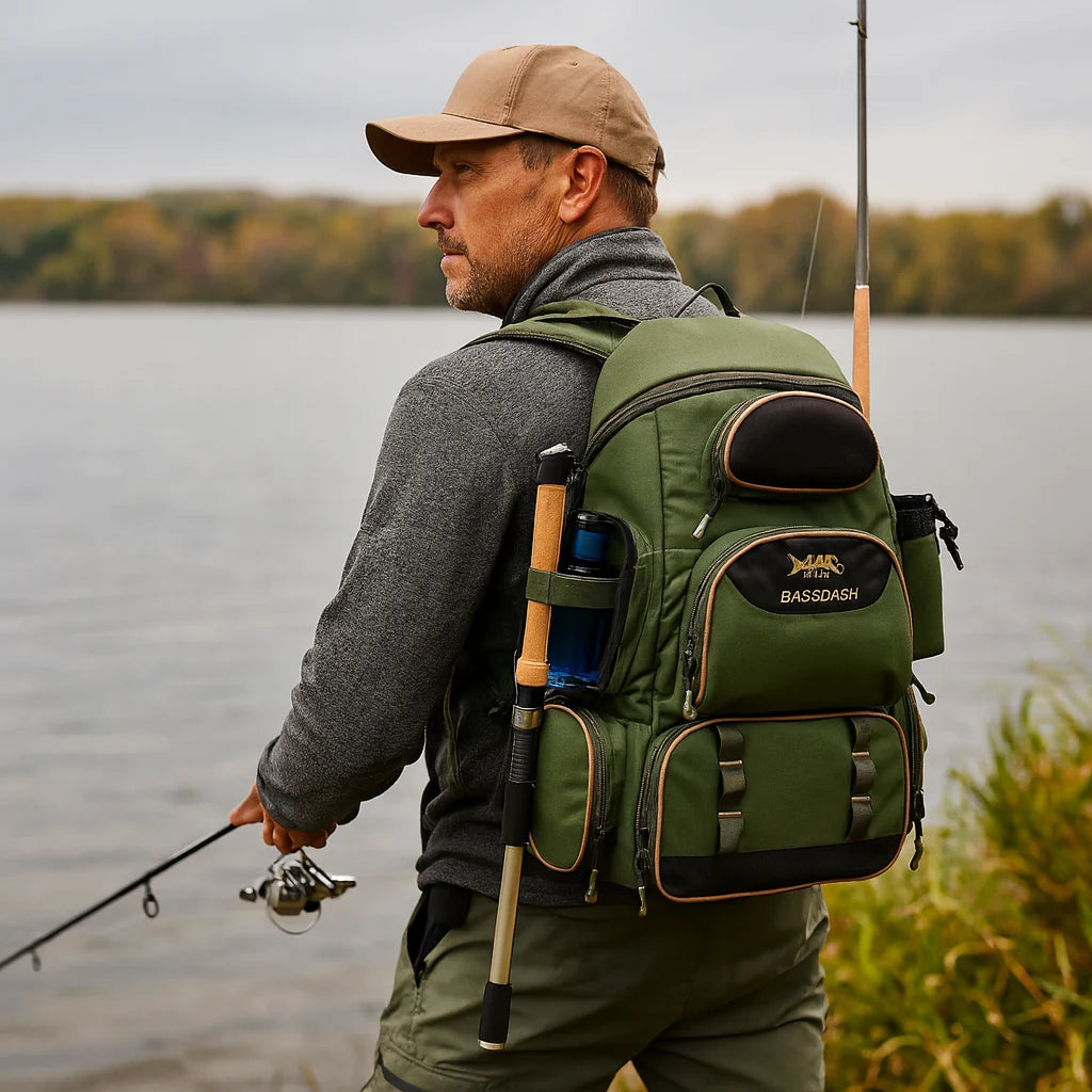 Mochila de Pesca RiverTrek 55L Verde com Capa de Chuva