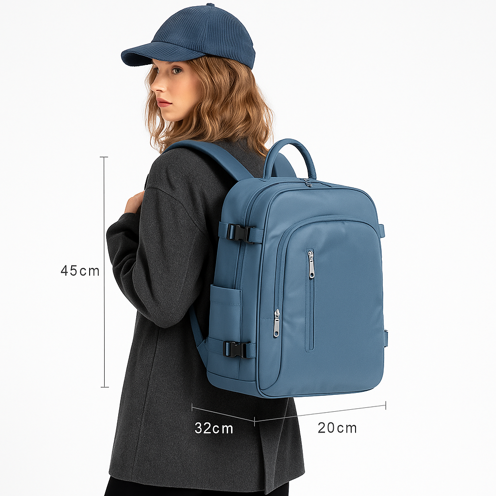 Mochila de viagem feminina azul com bolso antifurto na parte traseira e alças acolchoadas.