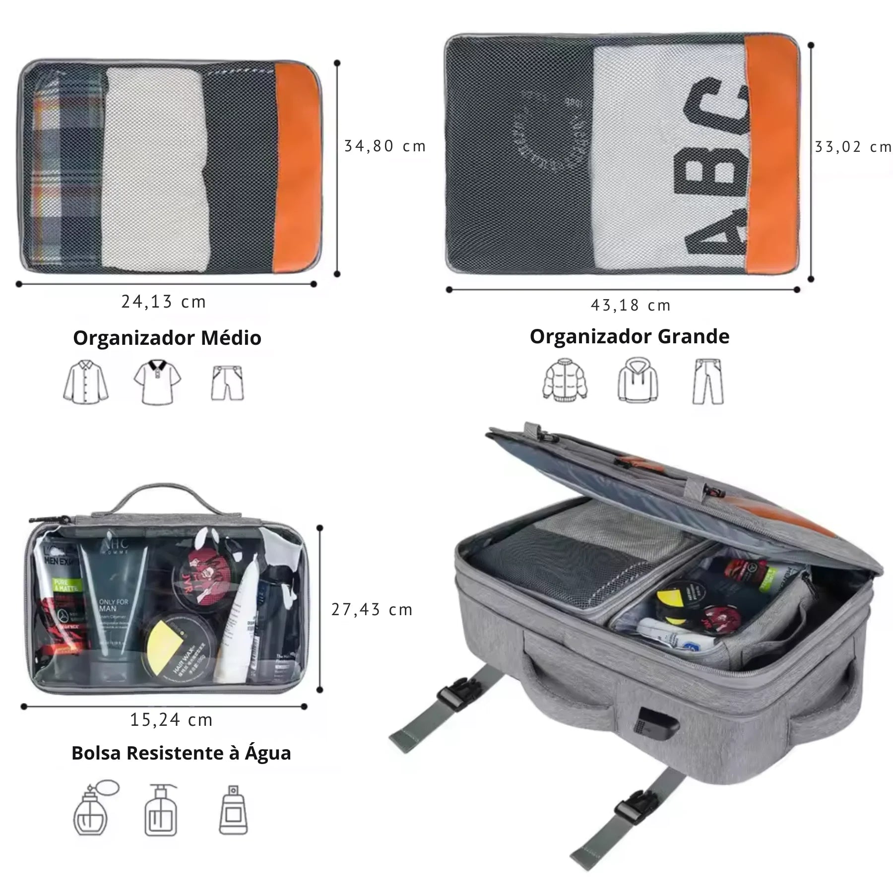 Mochila de Viagem masculina Grande + Kit 3 Necessaires TravelMaster - Prática e Resistente