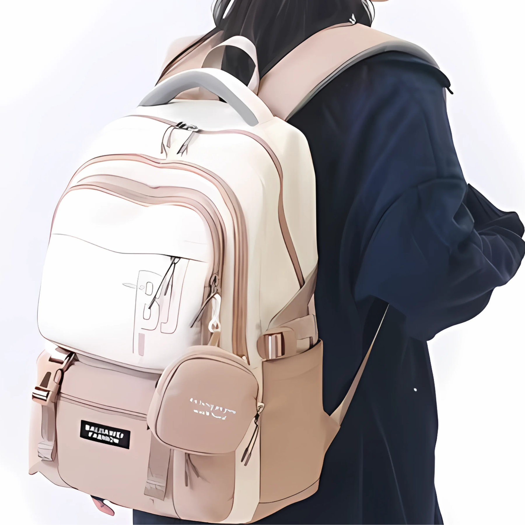 Mochila feminina bege nylon impermeável para estudantes