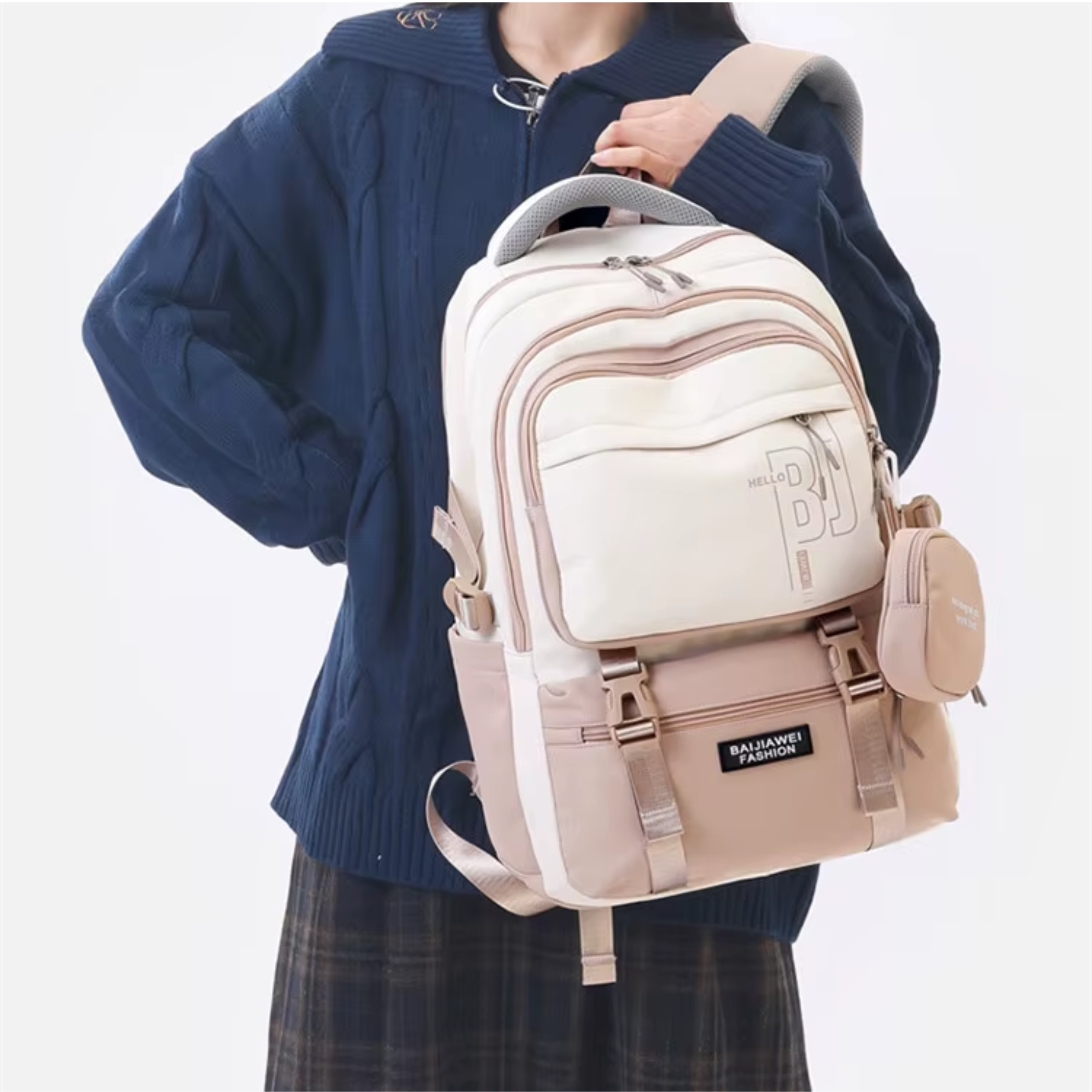Mochila escolar grande bege feminina com compartimentos organizadores