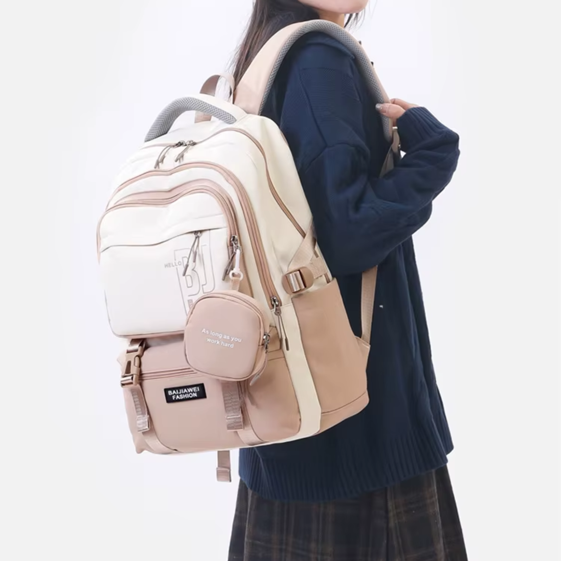 Mochila resistente nylon bege feminina para uso escolar e diário
