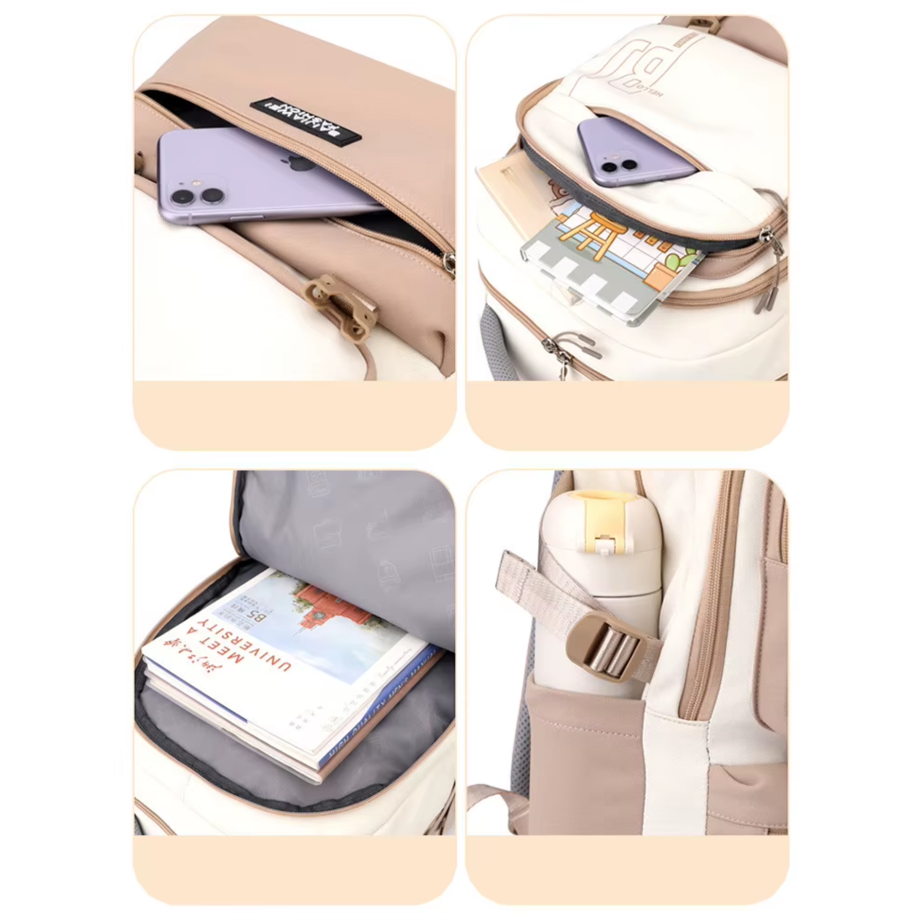 Mochila feminina bege grande para notebooks e materiais escolares