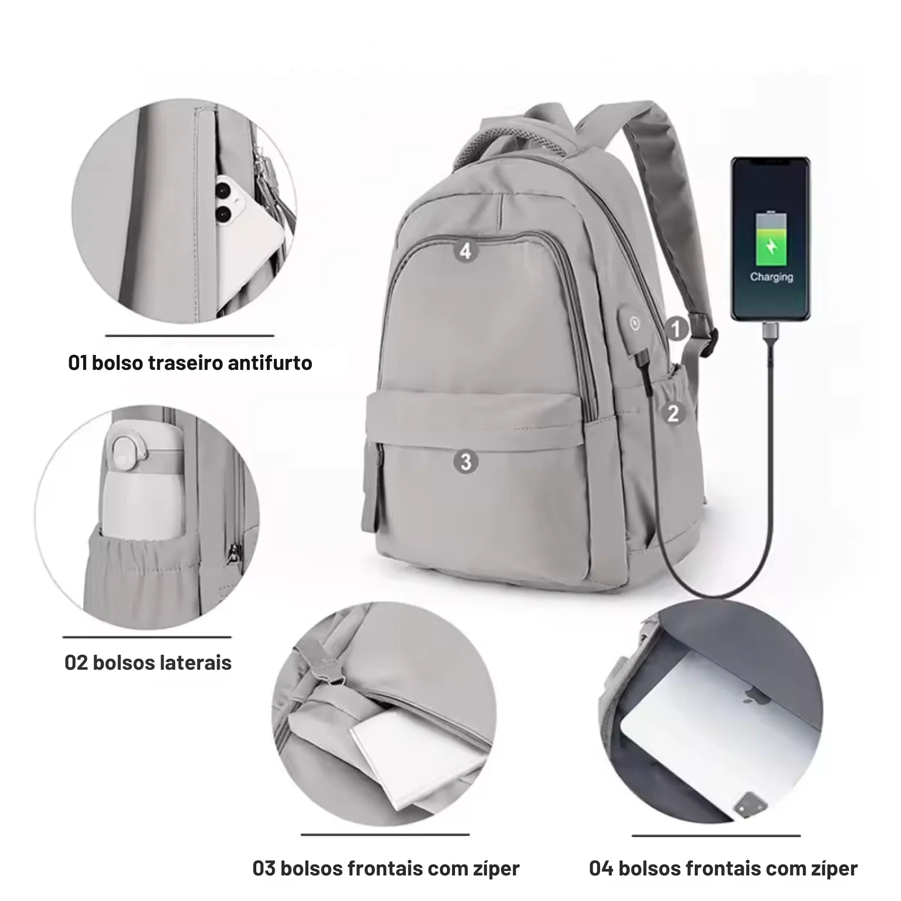 Mochila cinza EduWork com al�as ajust�veis e costura refor�ada