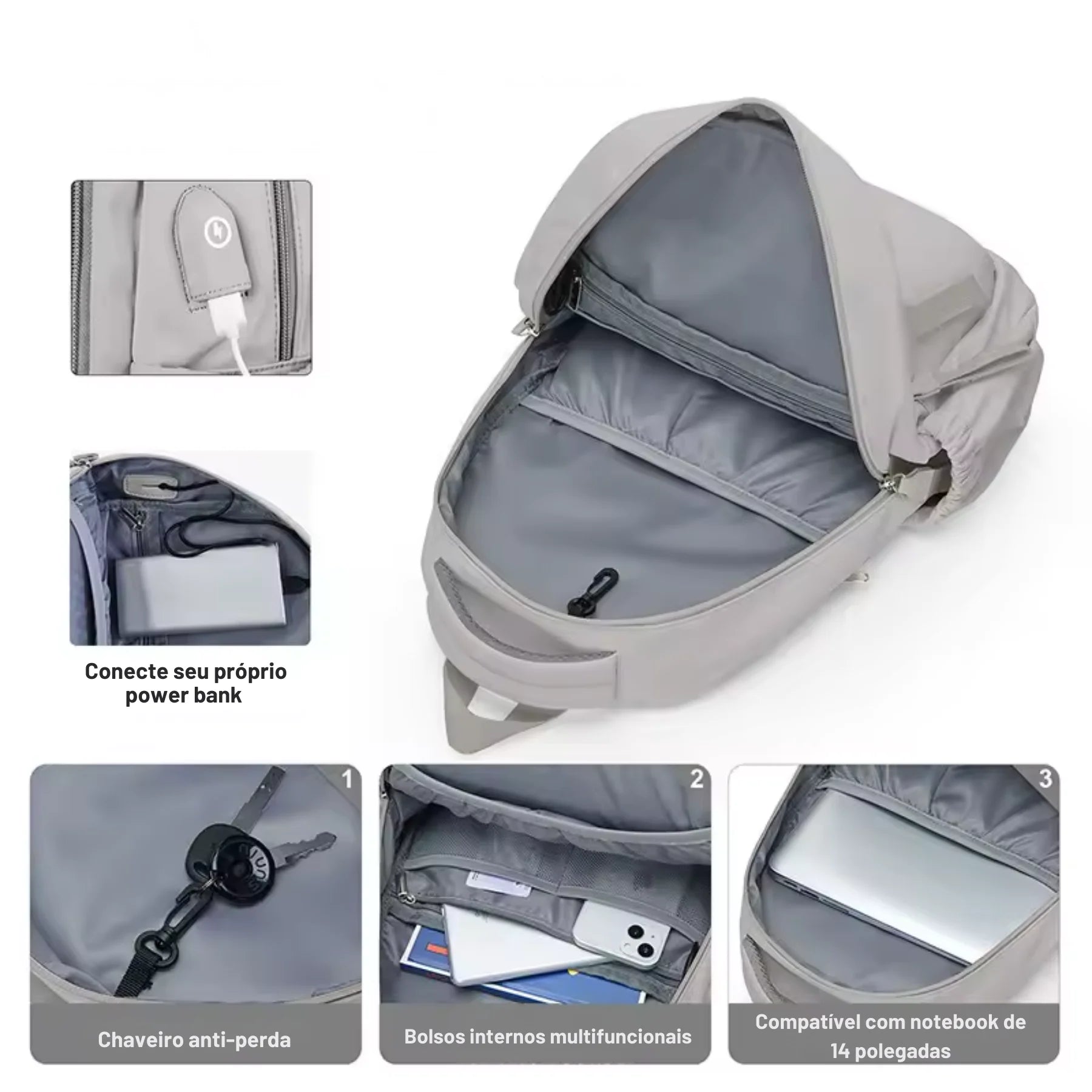 Bolso lateral da mochila EduWork cinza para garrafa ou guarda-chuva