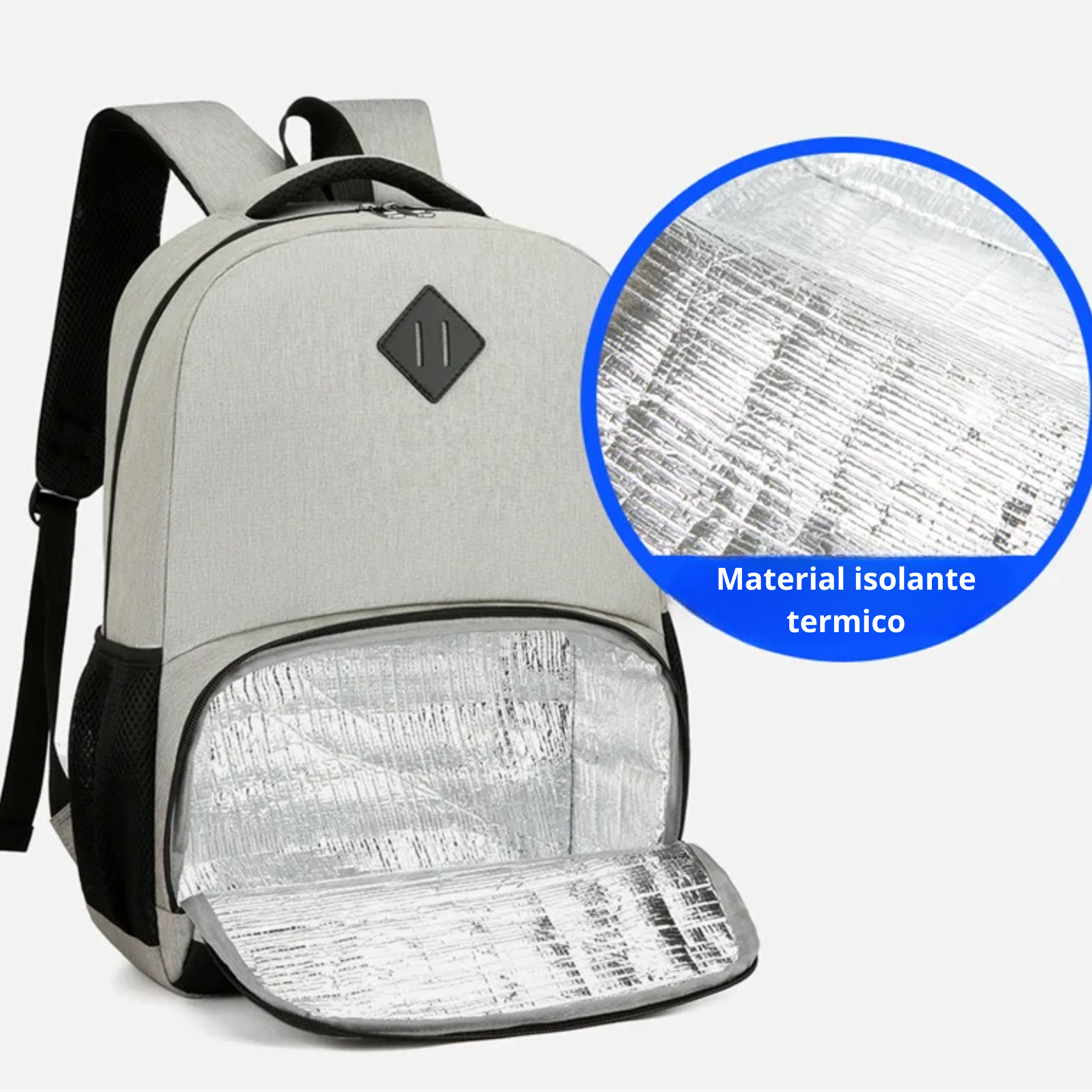 Mochila feminina cinza aberta com notebook no compartimento acolchoado