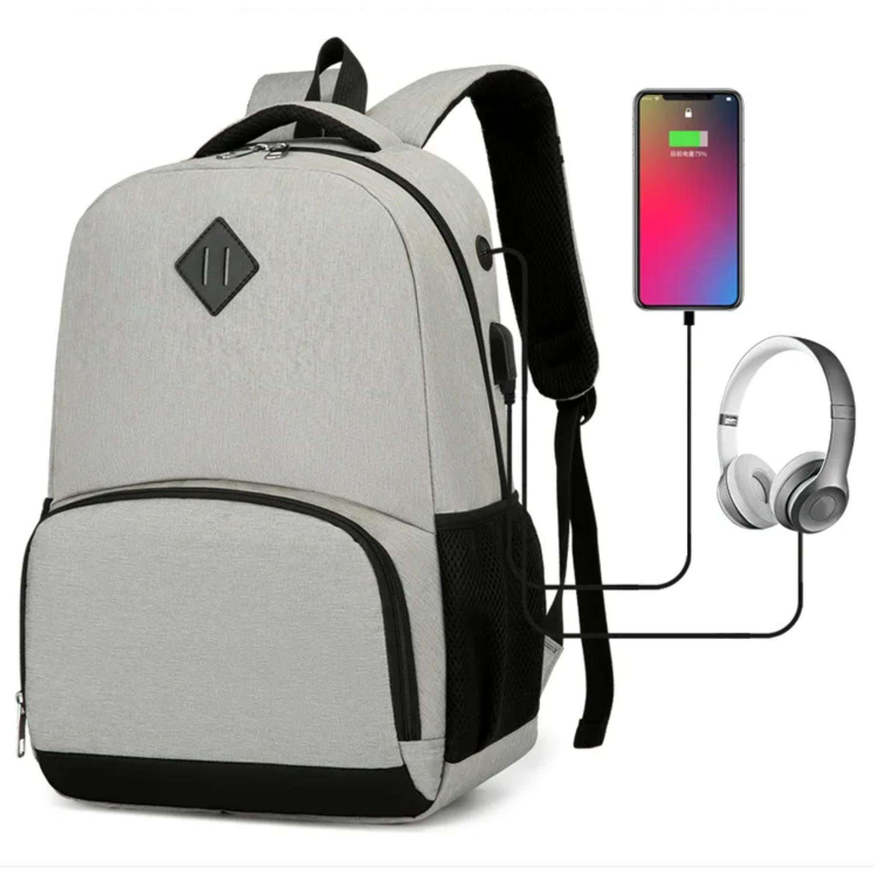 Mochila feminina cinza ExecuPack vista frontal com design elegante