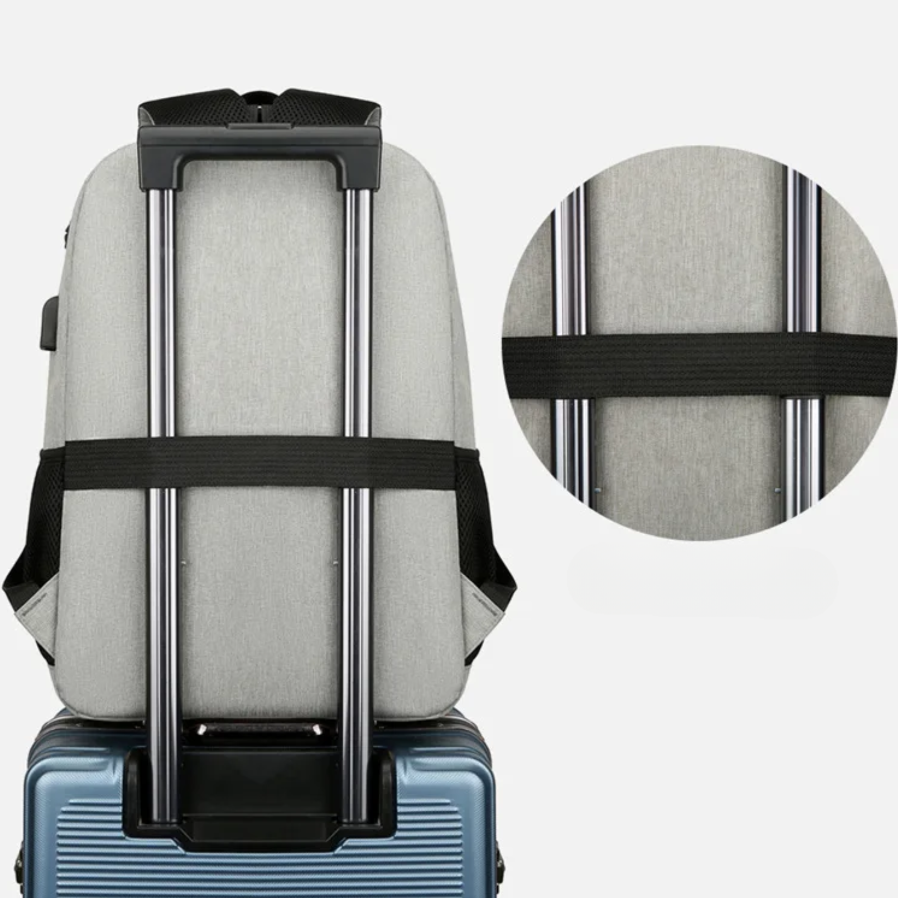 Interior organizado da mochila feminina cinza com divisórias práticas