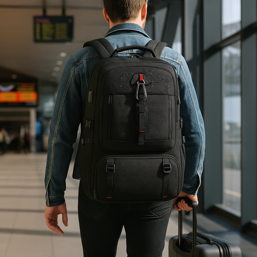 Vista lateral da mochila feminina preta Trailblazer com estilo elegante