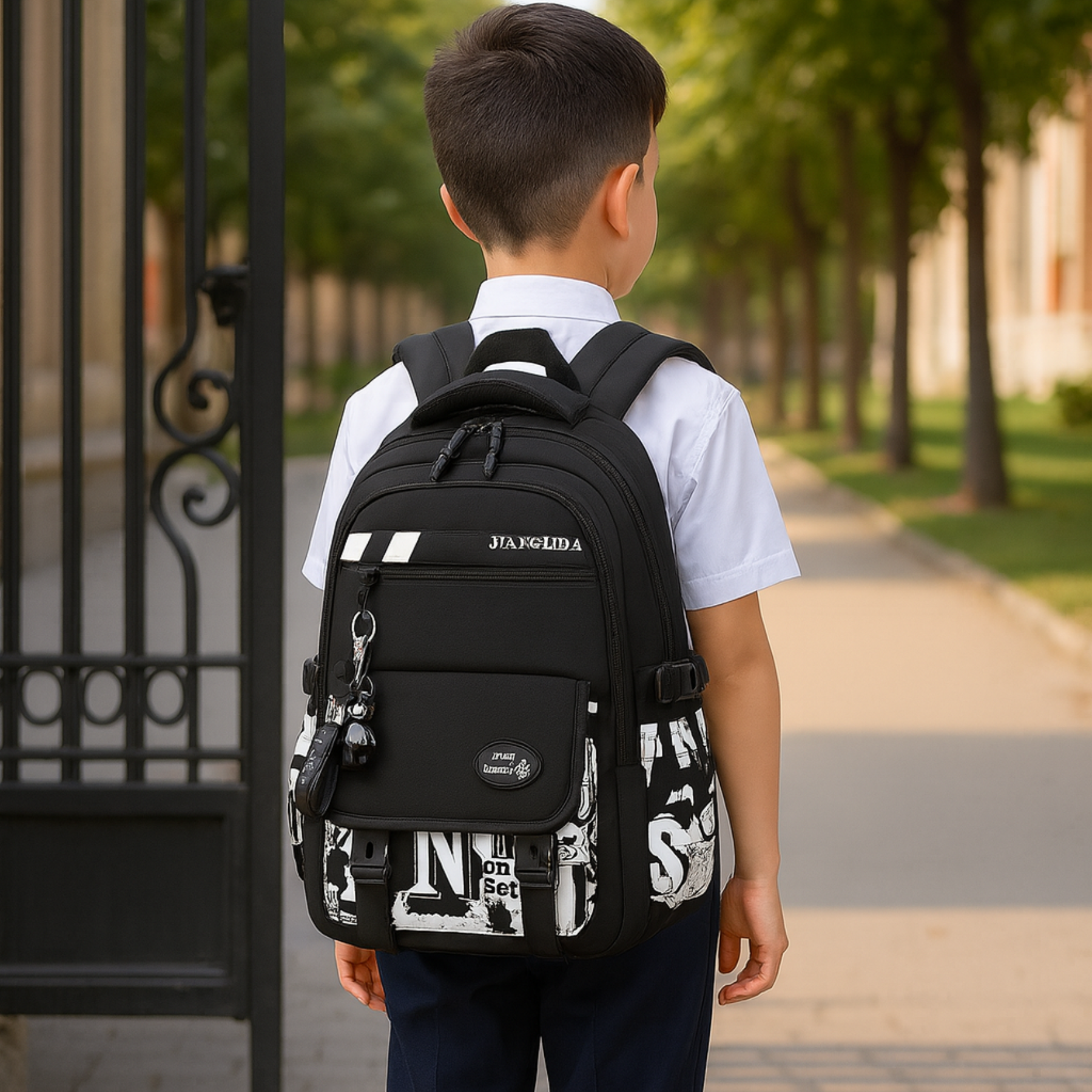 Mochila AstroKid preta em ângulo mostrando volume, alças e bolsos laterais.