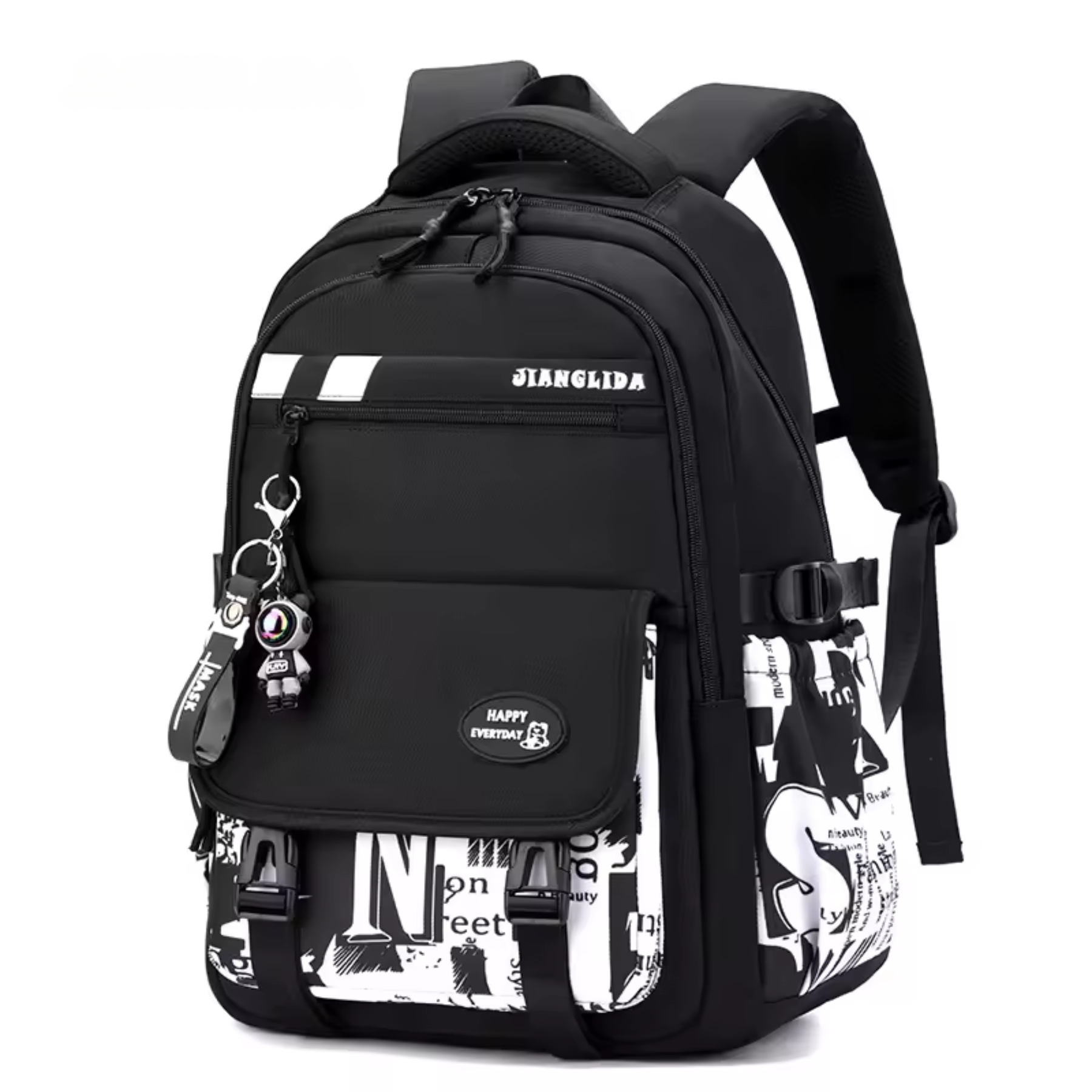Mochila Infantil Masculino AstroKid preta vista frontal com bolsos e detalhes em preto e branco.