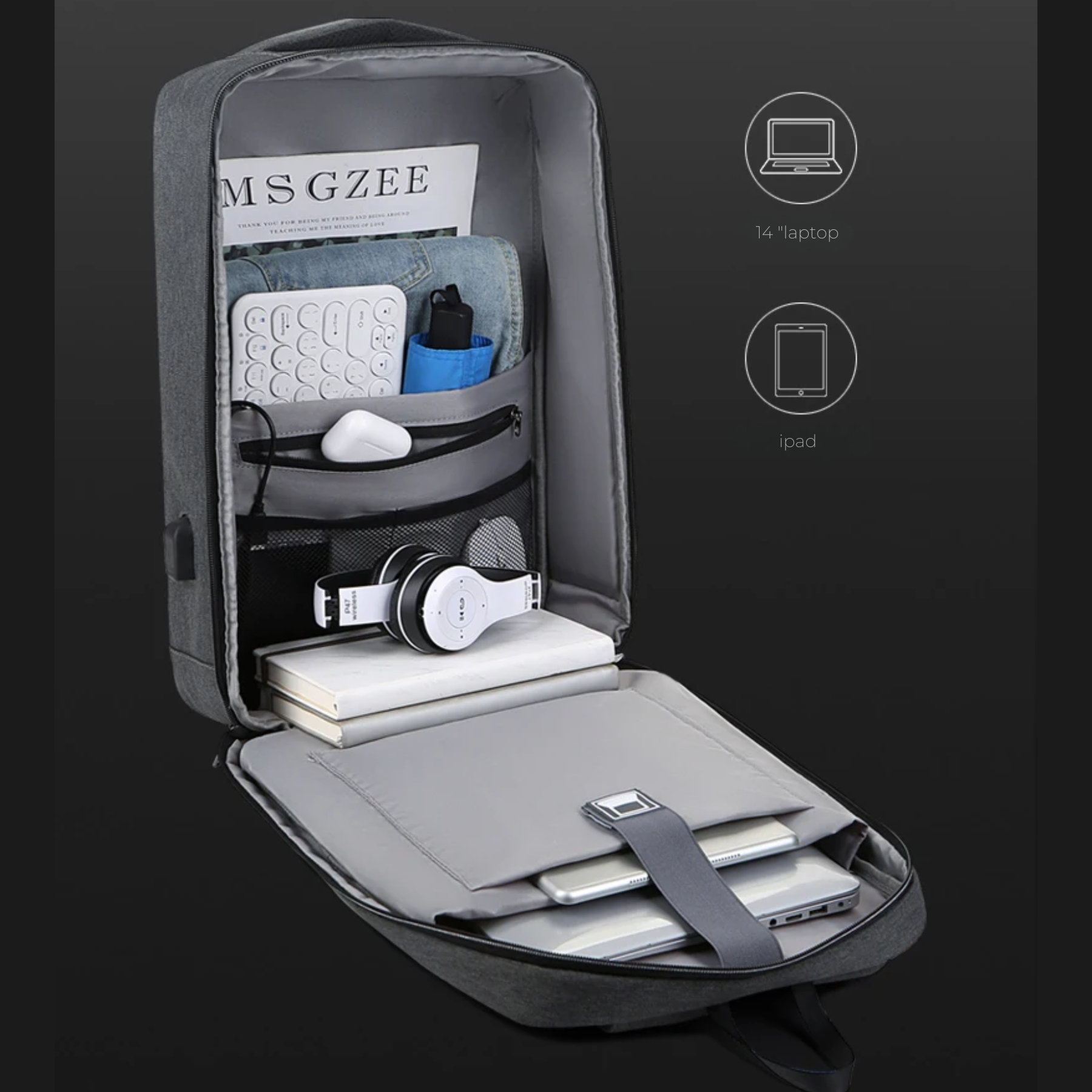 Interior da mochila TechGuard com múltiplos compartimentos para acessórios