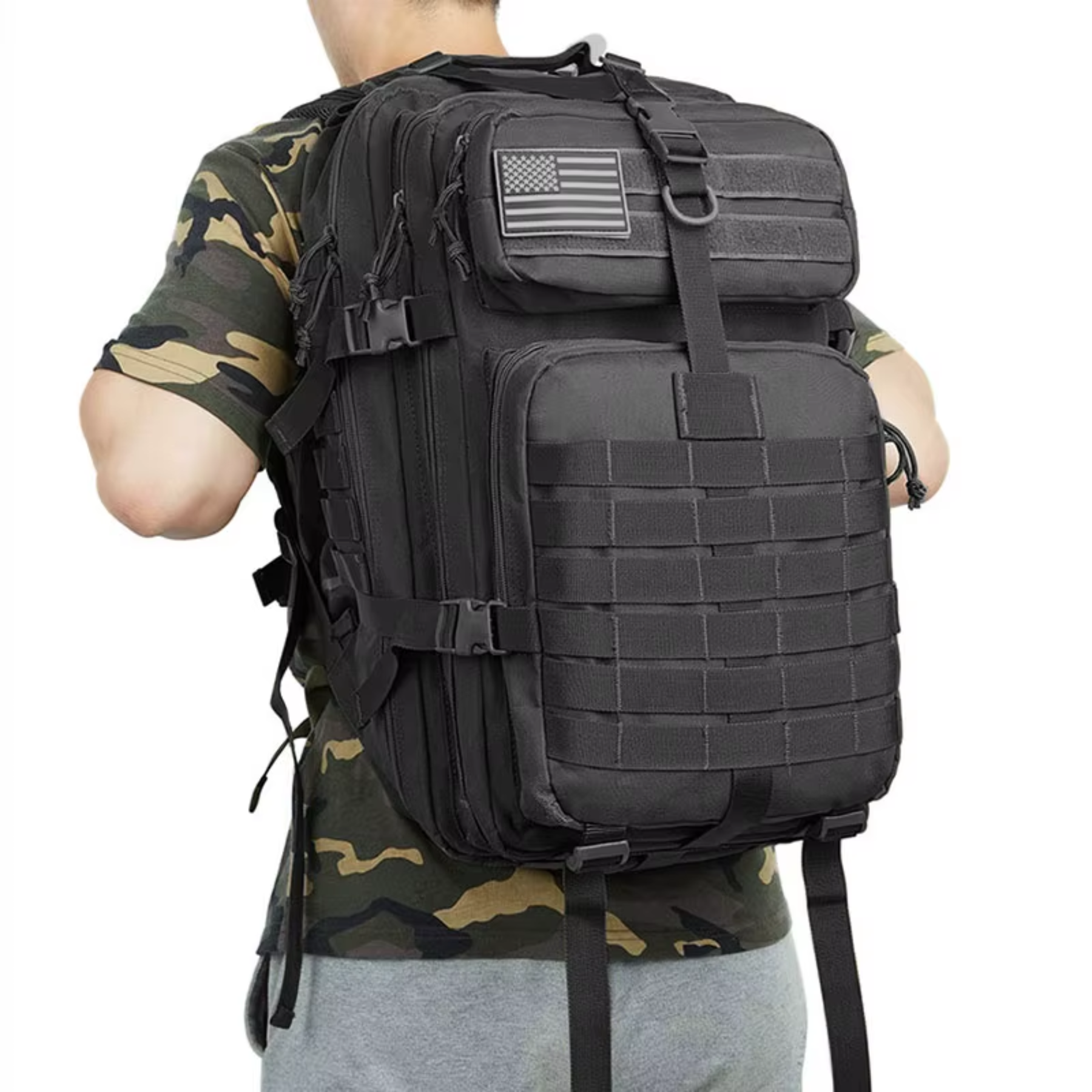 Mochila tática preta 50L com alças ergonômicas e sistema de ventilação traseira