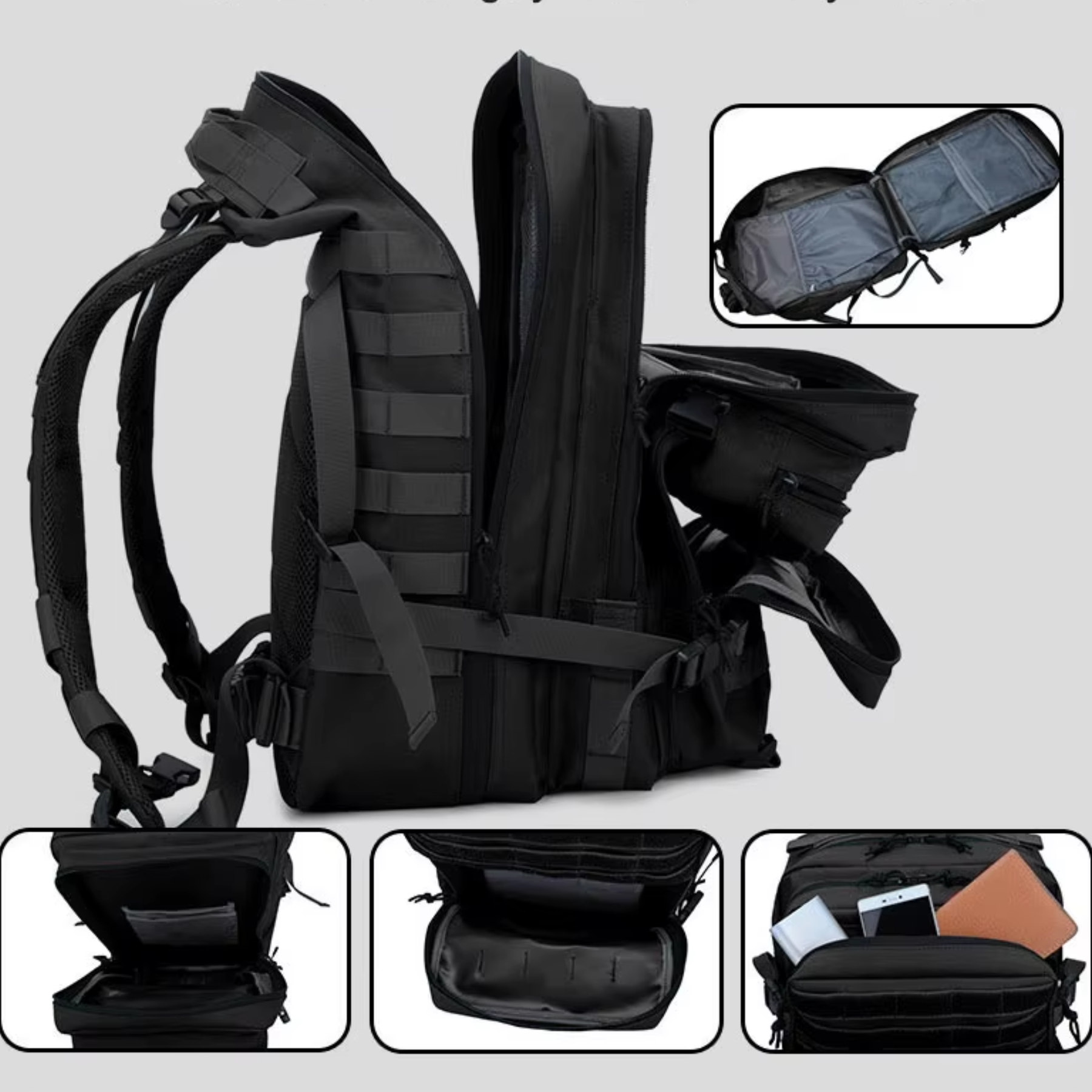 Sistema de fixação externo da mochila tática preta 50L para prender equipamentos