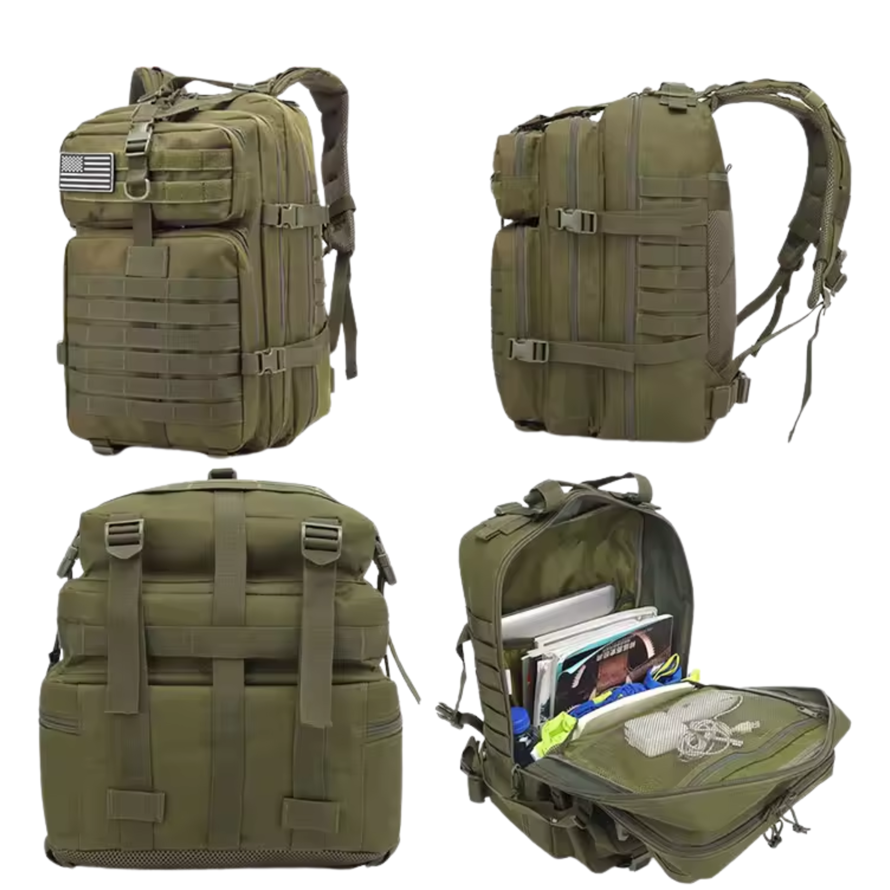 Mochila tática militar verde 50L aberta mostrando compartimentos internos espaçosos