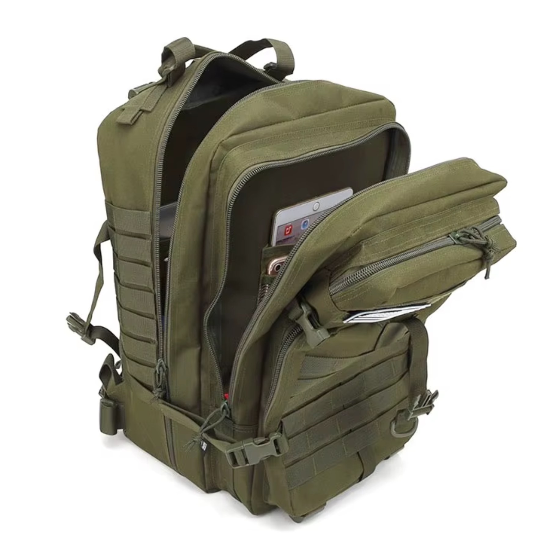 Mochila tática verde 50L militar mostrando capacidade para viagens longas