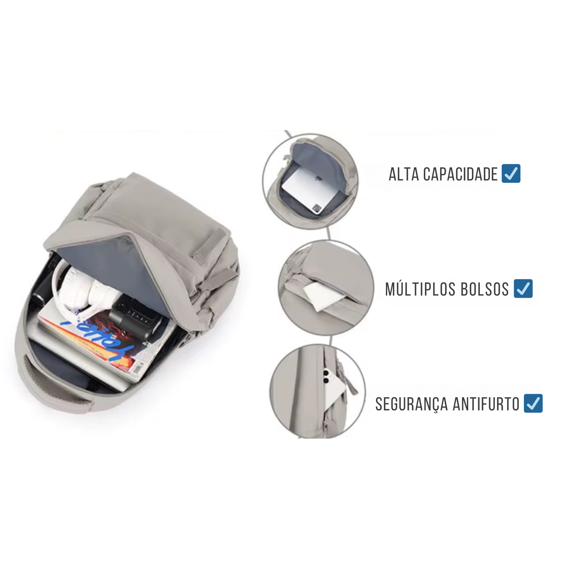 Mochila cinza antifurto feminina casual para escola e faculdade