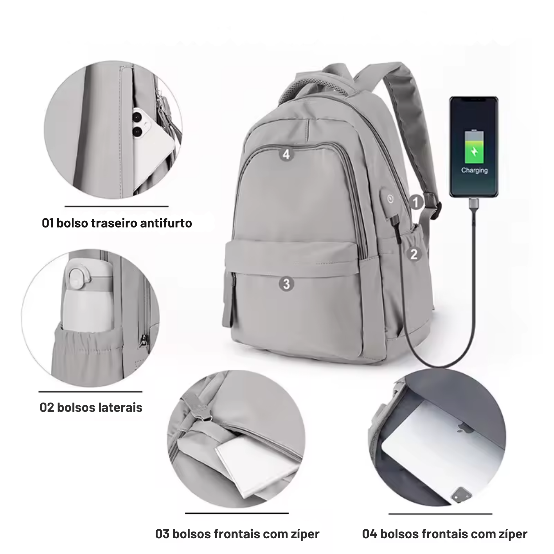 Mochila cinza EduWork com alças ajustáveis e costura reforçada