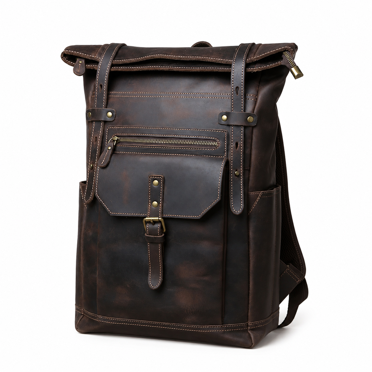 Mochila Masculina de Couro Crazy Horse Vintage Castanho Escuro BAGAGEM VIP