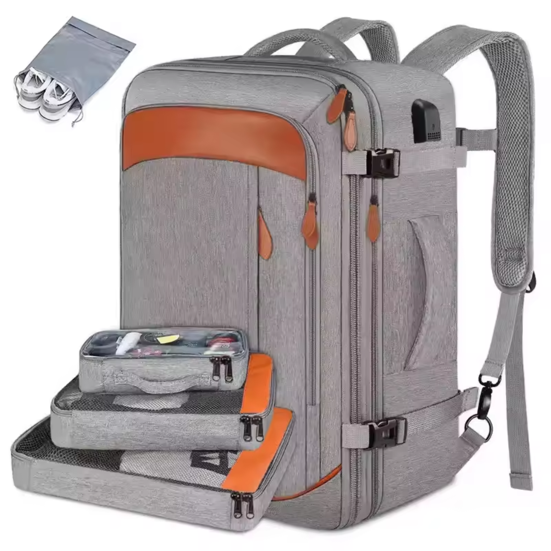 Mochila de viagem feminina cinza impermeável ideal para viagens curtas e longas
