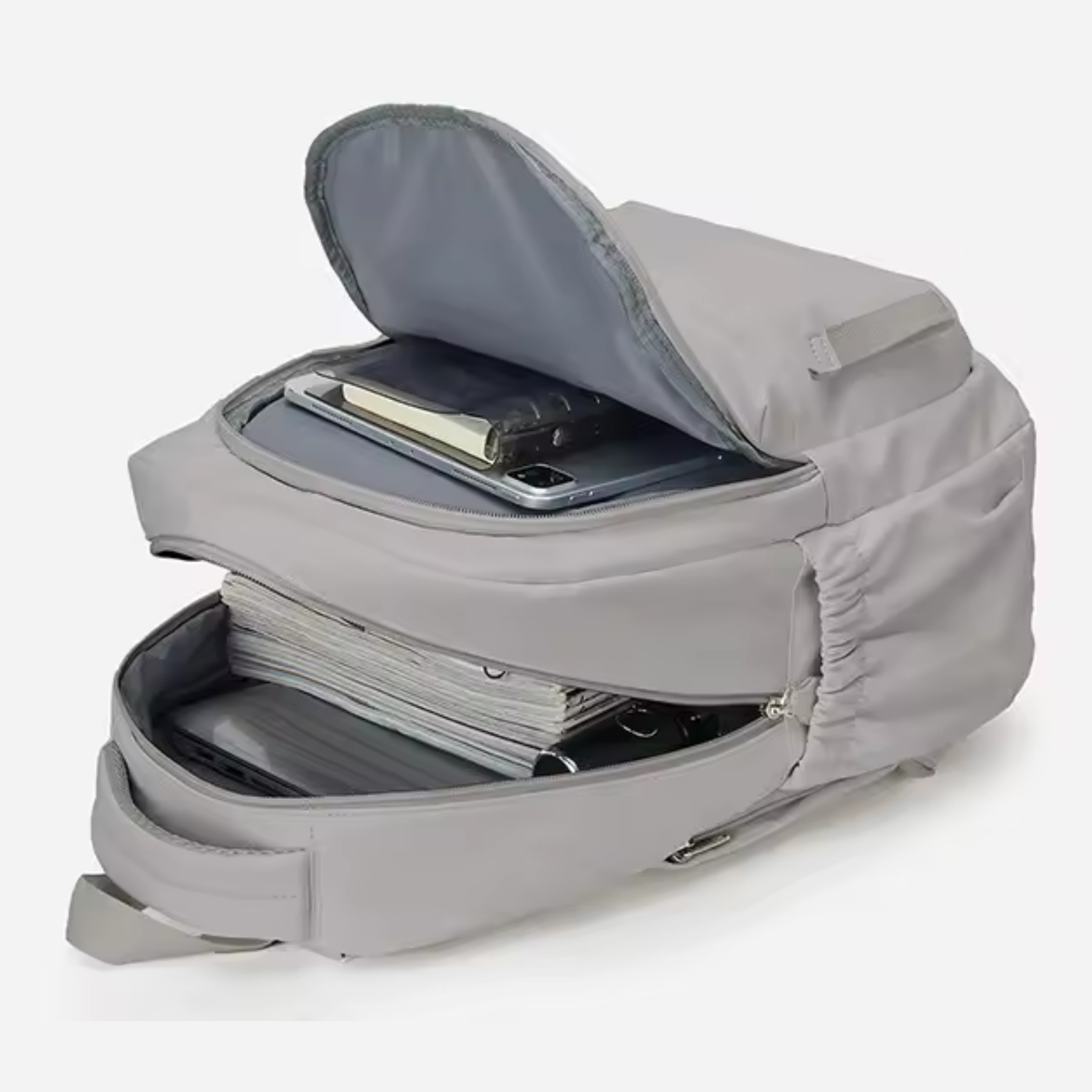 Mochila EduWork cinza feminina com porta USB para carregar celular